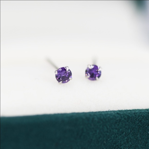 925 Sterling Silver 4 Prong Set 3mm Genuine Amethyst Gemstone Stud/Post Earrings - Picture 2 of 10